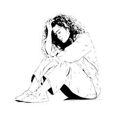 Woman sitting on floor with head resting on hand, black and white sketch style on white background. Concept of sadness or emotional stress