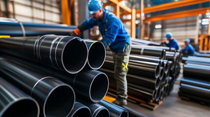 Workers at a facility inspecting metal pipes, ensuring quality. The setting highlights industrial processes, emphasizing manufacturing and labor skills in a production environment.