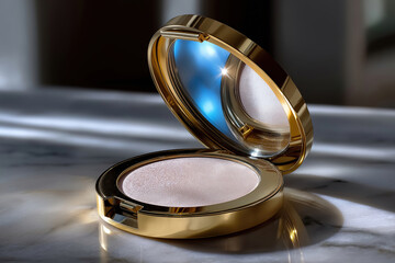 Golden compact mirror with powder placed on marble surface