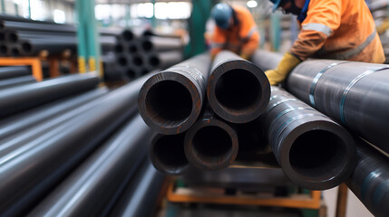 Industrial pipes stacked in a factory setting. Workers in safety gear oversee the material processing and handling, ensuring precision and adherence to industrial standards.