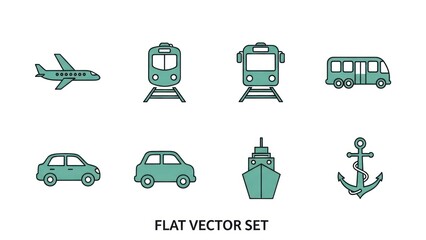 Transportation icons set plane train bus car ship and anchor vectors
