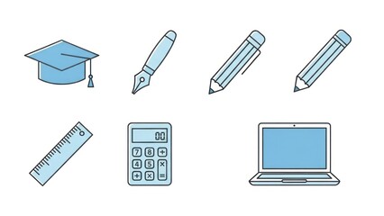 Educational icons graduation cap pens pencils ruler calculator and laptop