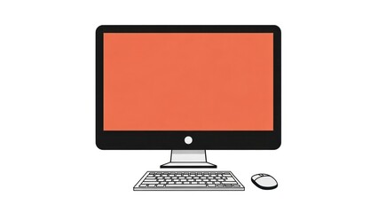 Modern desktop computer illustration with orange screen isolated on white backdrop
