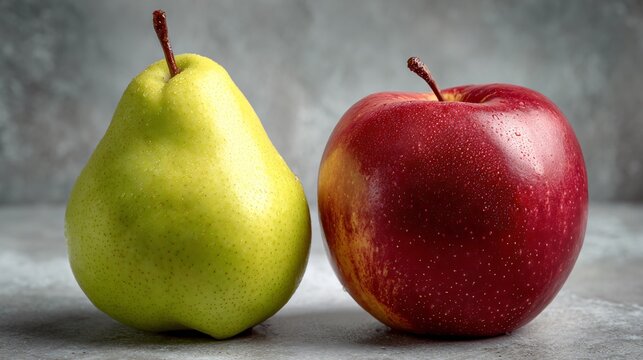 Apples and pears paired together, balanced spacing, pale stone surface