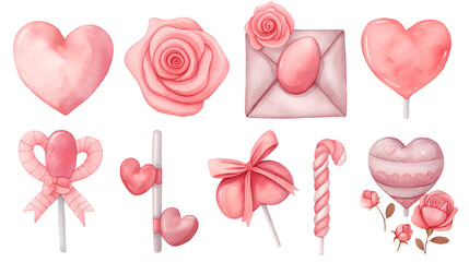 Collection of delicate watercolor elements featuring pink hearts lollipops roses and a sealed love letter perfect for romantic designs