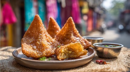 Three triangular pastries with a sauce on a plate. The plate is on a table with a cloth