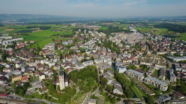 Aerial view around the city cham in Switzerland on a sunny day in summer.