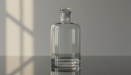 Elegant Clear Glass Decanter Bottle with Stopper on Reflective Surface with Soft Window Light