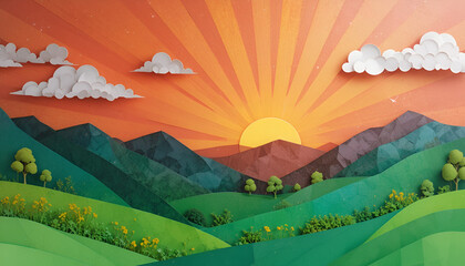 Vibrant sunset over rolling green hills with majestic mountains