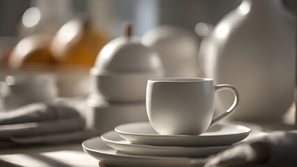 White ceramic cup rests on stacked saucers, bathed in soft sunlight, evoking minimalist tableware sophistication and refined home dining ambiance for stylish presentation daily use luxury service.