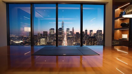 A luxurious office interior features a city view through large windows with a sleek wooden floor and modern decor