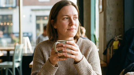 A young woman drinking a coffee in a street cafe