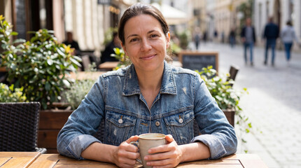 A young woman drinking a coffee in a street cafe