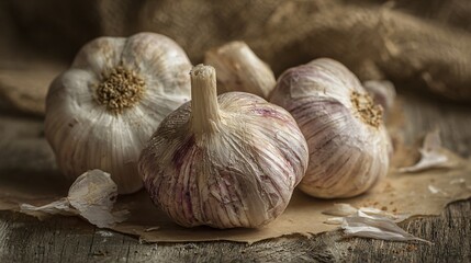 Rustic flat lay of garlic bulbs with papery skin, pale wood background, winter kitchen mood