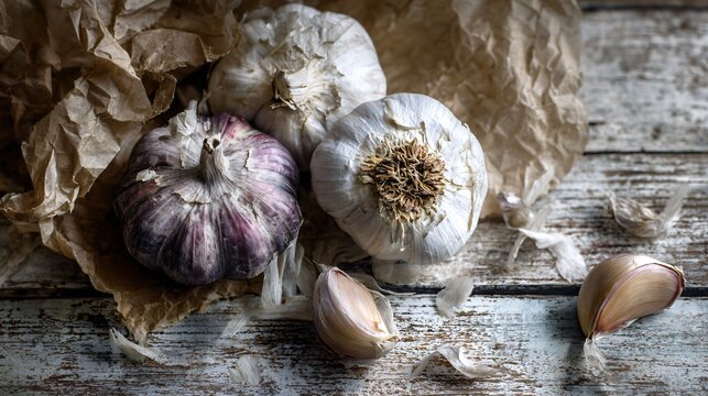 Rustic flat lay of garlic bulbs with papery skin, pale wood background, winter kitchen mood
