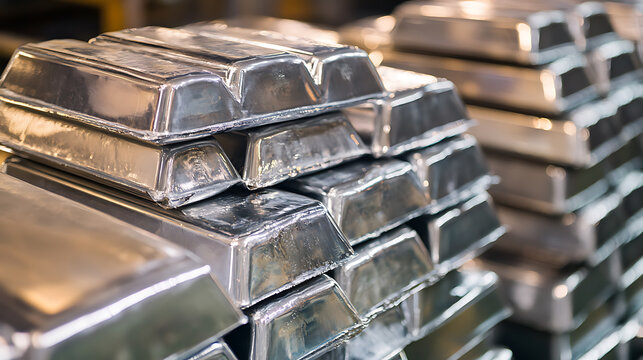 A stack of glistening, silver-colored bullion bars stacked neatly. The reflective surfaces create intricate patterns, showcasing the material's value and craftsmanship. Metallic wealth concept.