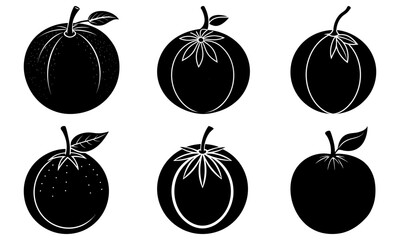 Six Black Plum Fruit Silhouettes with White Details on White Background