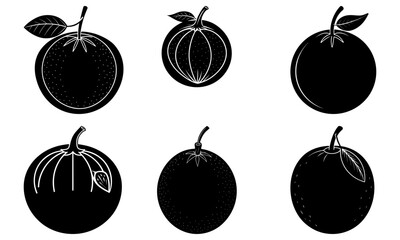 Five Different Types of Fruits in Black and White Silhouette on White Background