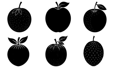 Five Black Silhouettes of Fruits with Leaves on White Background
