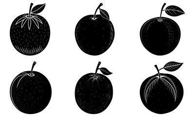 Five Black Apples with Leaves on White Background fruit leaf