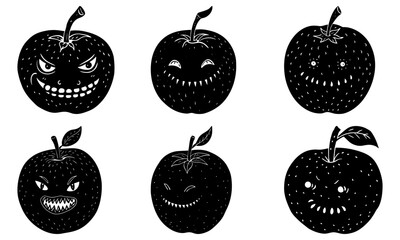 Five Apples with Cartoon Faces on White Background expression smile