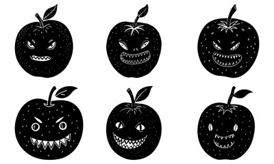 Six Black Apples with Cartoonish Faces and Sharp Teeth on White Background