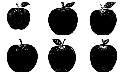 Five black apples with leaves on white background silhouette fruit