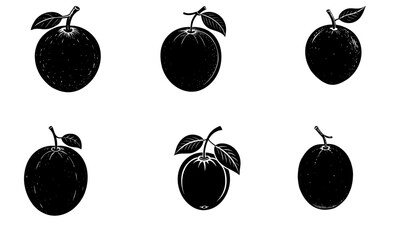 Five Black Plum Silhouettes with Leaves on White Background fruit leaf