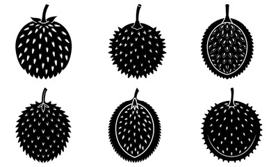 Six Black and White Spiky Fruit Silhouettes on White Background six fruits