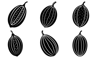 Six black and white cocoa pods with seeds on a white background six pods