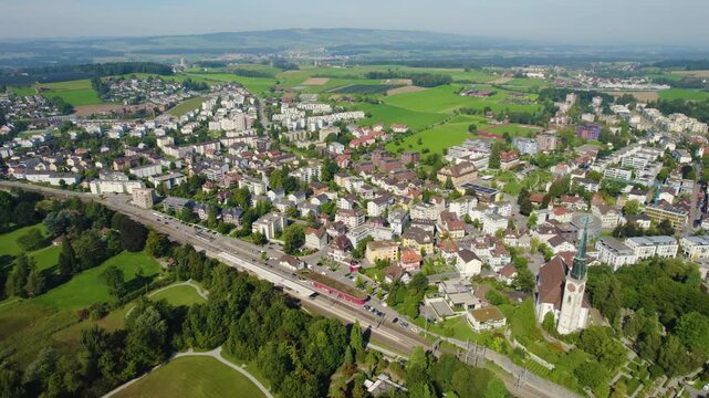 Aerial view around the city cham in Switzerland on a sunny day in summer.