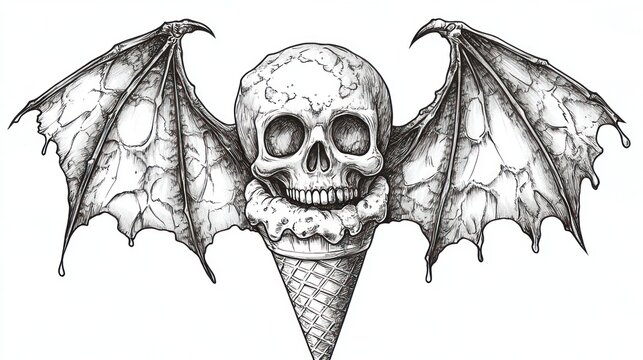 A skull with bat wings, holding an ice cream cone.  Detailed line art depicts the skull, ice cream, and wings.  The ice cream is dripping