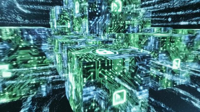 Abstract digital cubes and circuits representing data security and technology.