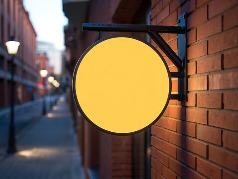 Blank yellow circular sign on a rustic brick wall in an urban setting at dusk