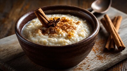 Breakfast porridge styled simply with cinnamon stick, winter warmth