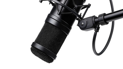 Professional black condenser studio microphone isolated on transparent background attached to an adjustable boom arm mount ready for recording