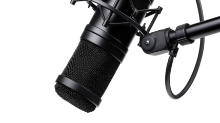 Professional black condenser studio microphone isolated on transparent background attached to an adjustable boom arm mount ready for recording
