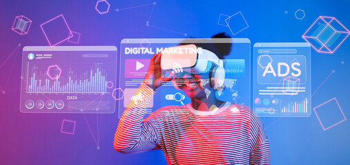 A woman experiences an innovative virtual reality setup depicting aspects of digital marketing and social media, surrounded by data visuals and marketing strategies. XDMCP
