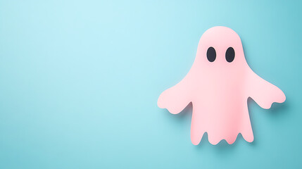 A cute pink ghost hovers against a light blue backdrop, perfect for spooky season crafts & decor! It evokes a playful, not scary, Halloween aesthetic. Use for cards & blogs.