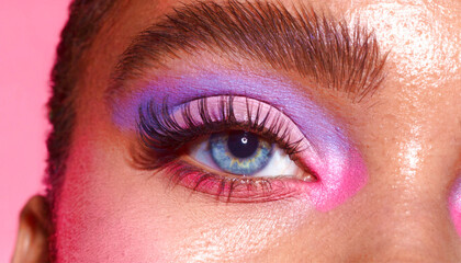 Obraz premium Vibrant blue eye with bold purple and pink makeup closeup