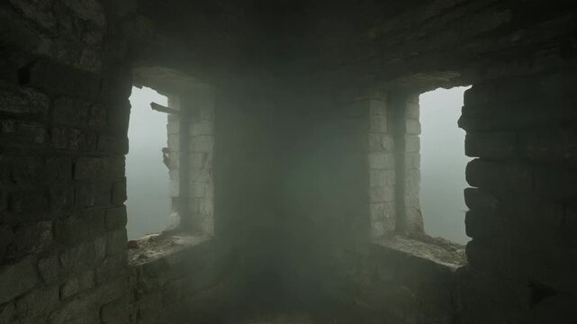 Historic stone fortress with arched windows looking out into dense fog, creating a mysterious, eerie atmosphere amid ancient architecture.
