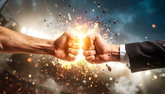 Powerful fist bump between a businessman and a worker creating an explosive impact with sparks and debris.