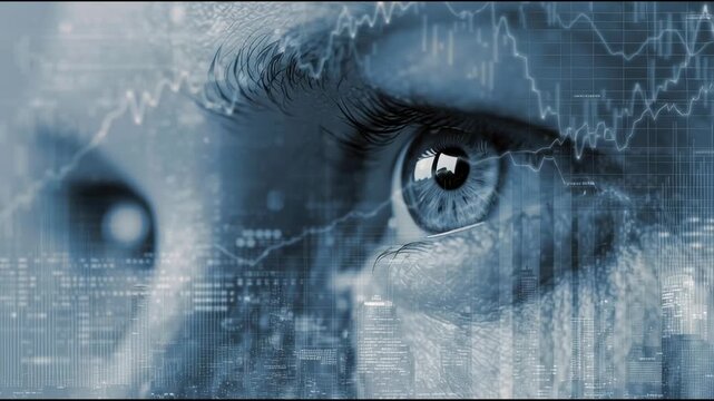 Extreme closeup of human eye with digital data overlay, blue tones, cityscape reflection, abstract financial graph, technology, analytics, futuristic vision, focus, intelligence, and curiosity modern