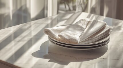 Minimal breakfast table with folded napkins, calm composition