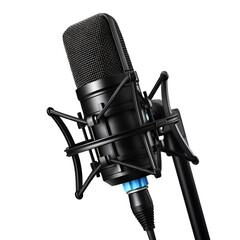 Professional studio condenser microphone mounted in a shock mount isolated on a deep black background ready for recording vocals or broadcasting