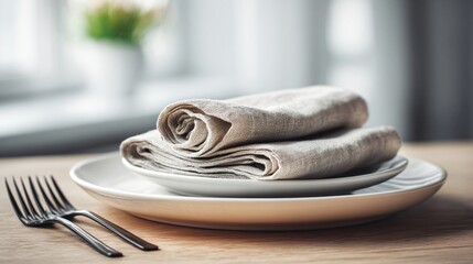 Minimal breakfast table with folded napkins, calm composition