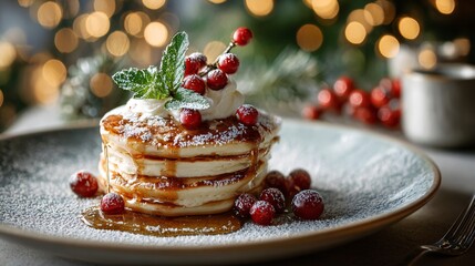 Minimal pancake breakfast with subtle festive garnish