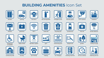 Building Amenities Icon Set with Elevator, Gym, Rooftop Lounge, and Pet Friendly Features for Real Estate Dashboards, Property Listings, and Facility Maps