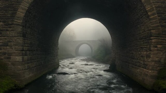 Old stone bridge with multiple arches over river in dense fog, flowing water and small rapids creating a tranquil, mystical landscape.
