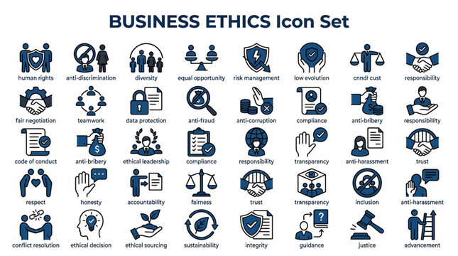 Business Ethics Icon Set with Anti-Corruption, Compliance, Ethical Leadership, and Fair Management for Corporate Dashboards, HR Training, and Governance Presentations